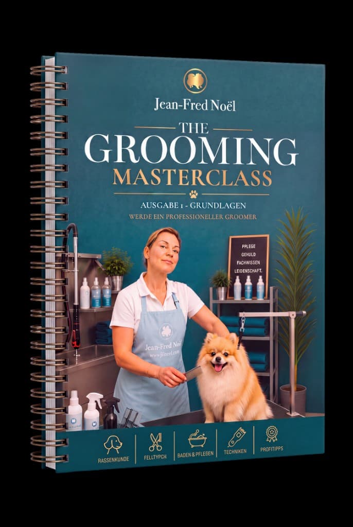Cover The Grooming Masterclass Ausgabe 1 Grundlagen von Jean-Fred Noël – Groomerin mit Pomeranian im Salon